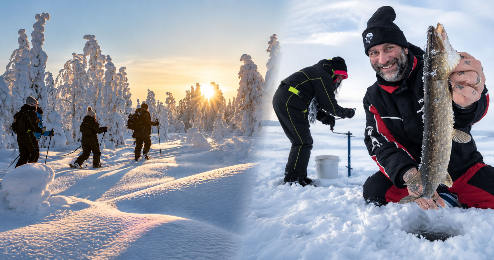 Experiencia privada con raquetas de nieve y pesca en hielo con cocina al fuego en Rovaniemi