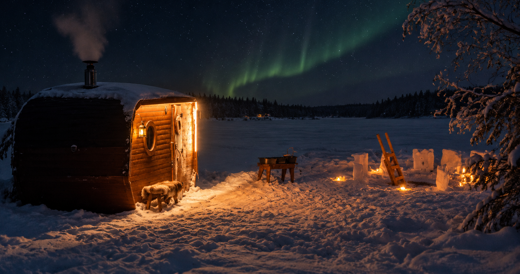 Expérience privée sauna et bain glacé sous le ciel arctique à Rovaniemi
