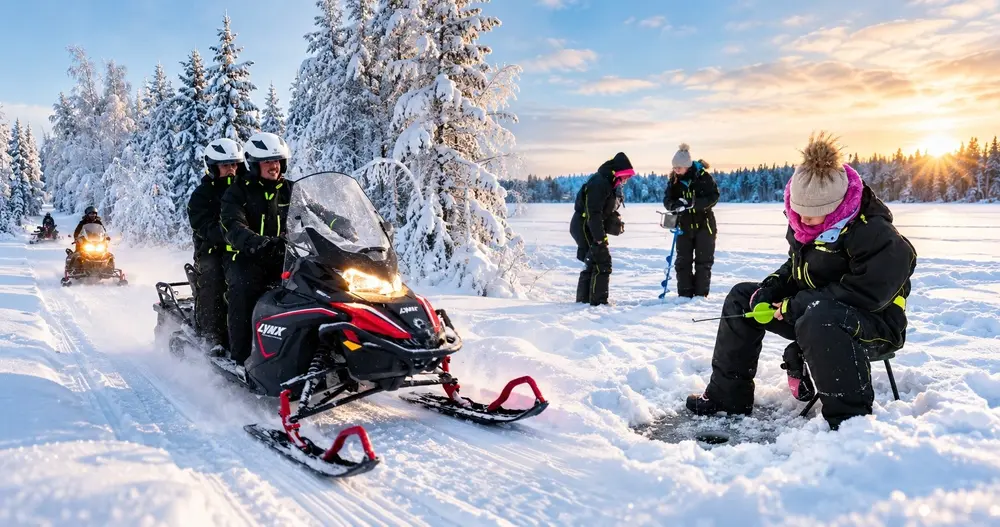 Experiencia en grupo pequeño de moto de nieve y pesca en hielo en Rovaniemi